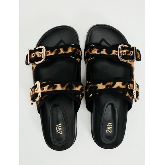 NWT ZARA ANIMAL LEOPARD PRINT LEATHER FLAT SANDALS Size 40 10 - Picture 1 of 7